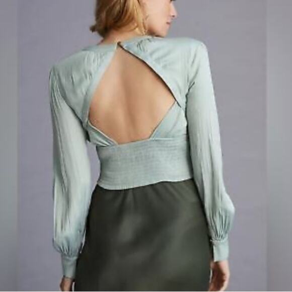 Anthropologie Backless Mint Green Ruched Blouse Women's Size M Elegant Satin Top - Picture 6 of 13